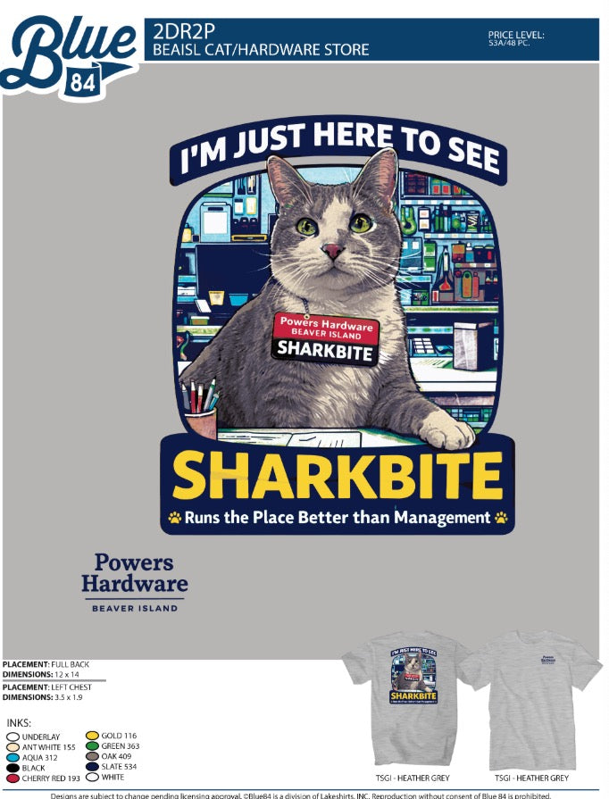 Blue 84 design sheet for Sharkbite cat t-shirt, Powers Hardware Beaver Island