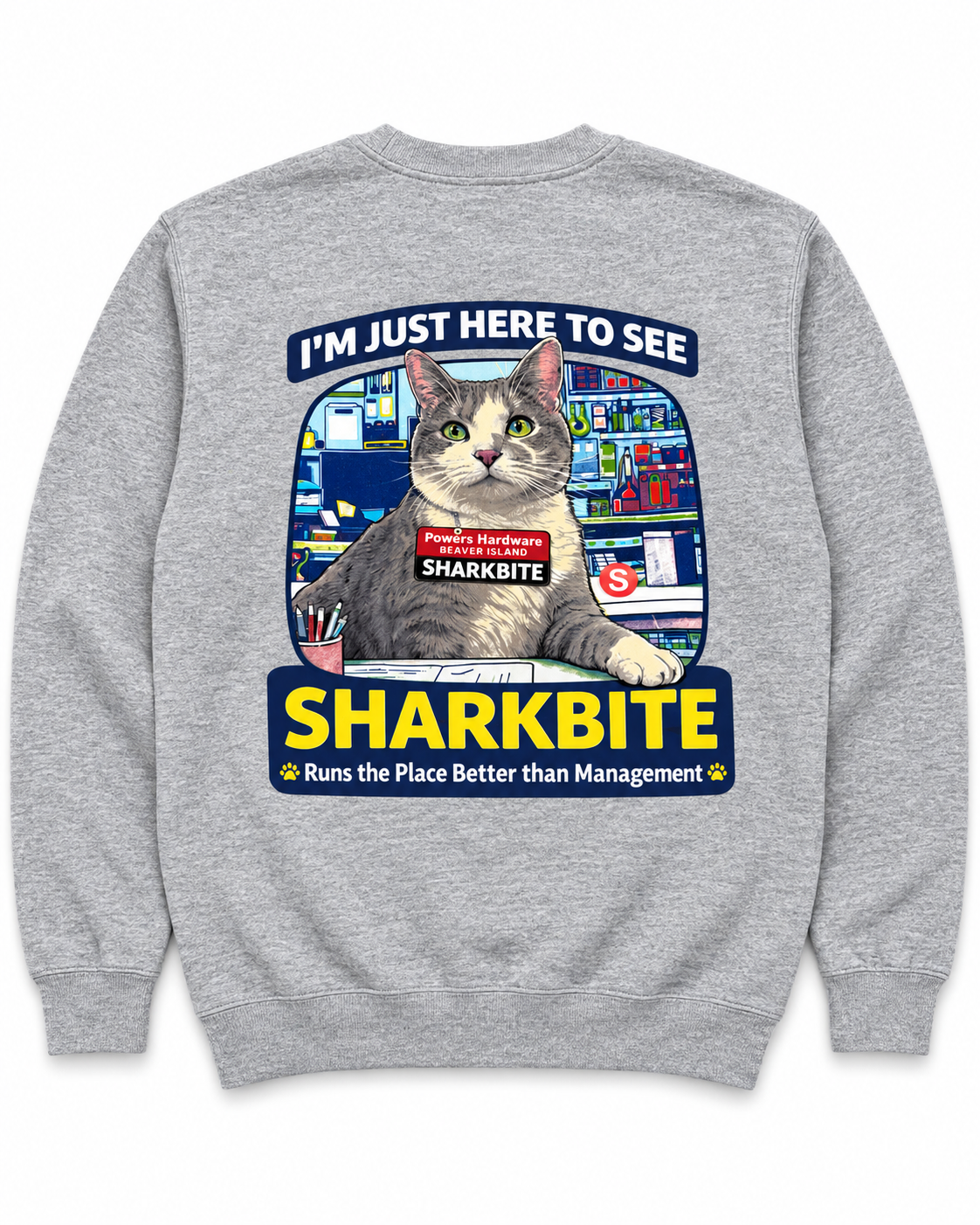 Heather grey Sharkbite crewneck sweatshirt, full back print