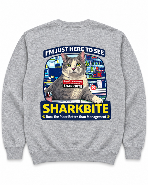 Heather grey Sharkbite crewneck sweatshirt, full back print