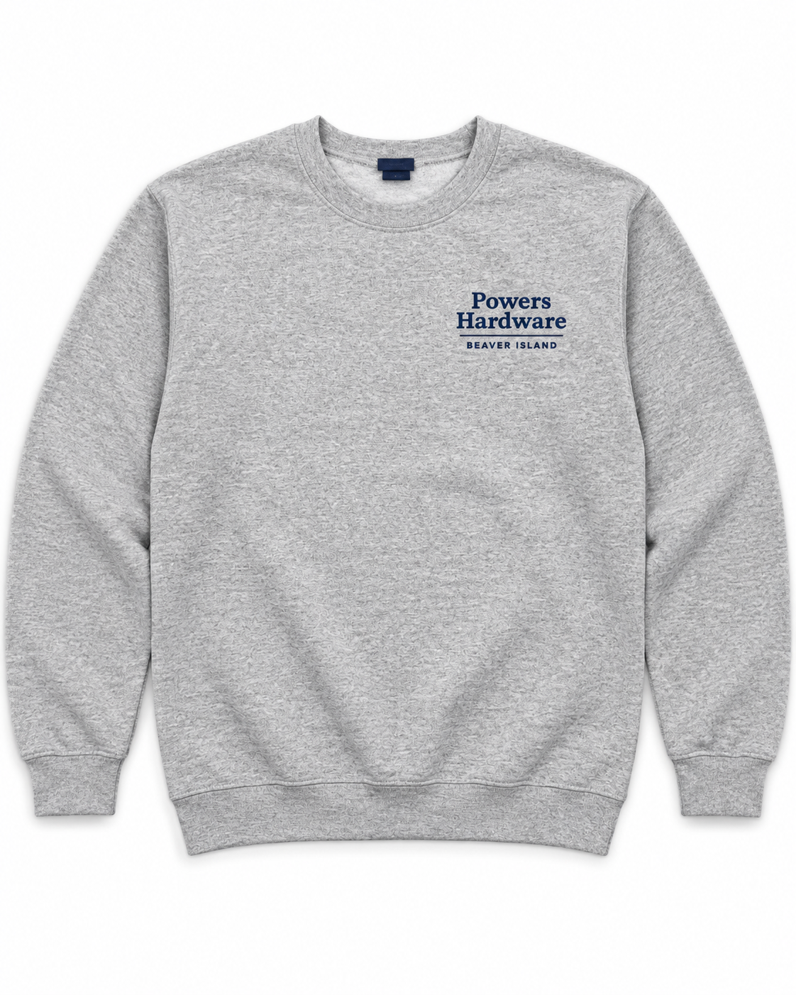 Heather grey crewneck sweatshirt with Powers Hardware Beaver Island left chest print