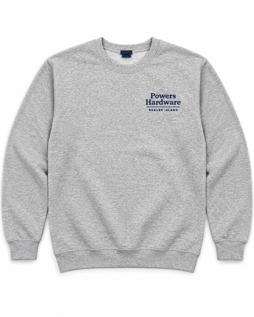 Heather grey crewneck sweatshirt with Powers Hardware Beaver Island left chest print
