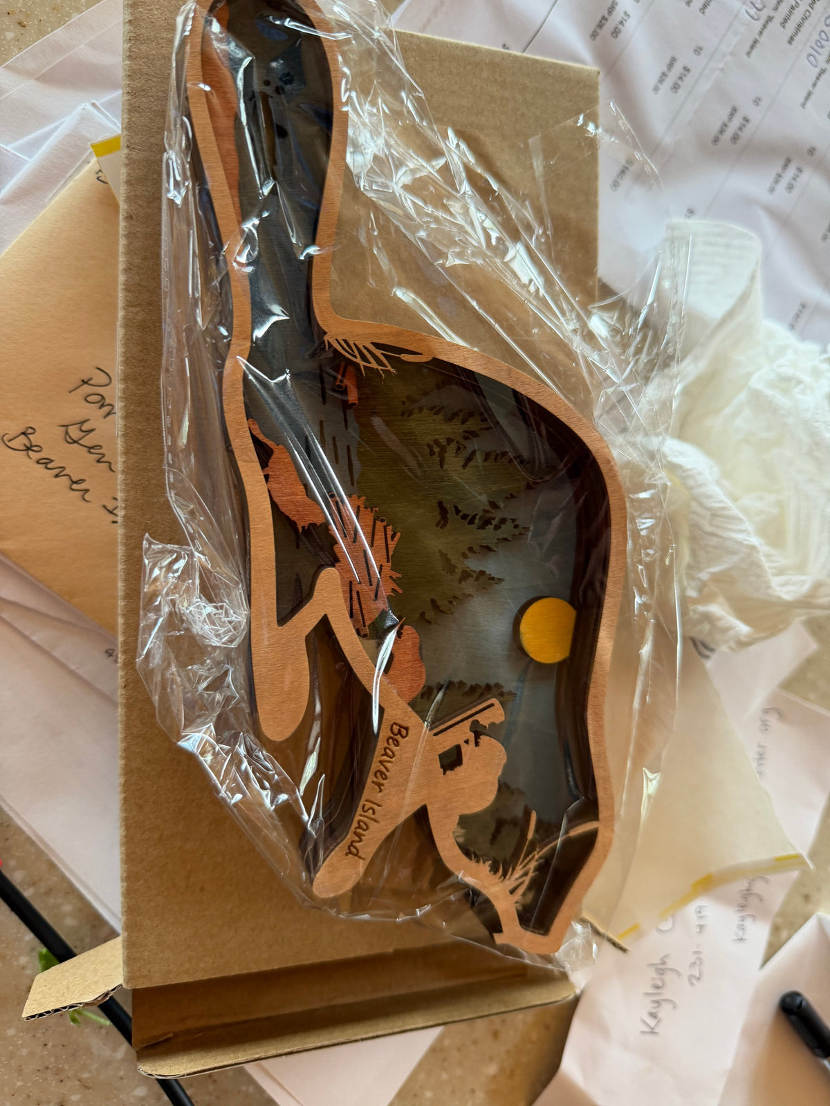 Beaver Island layered wood art packaged in kraft box