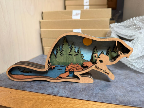 Beaver Island layered wood beaver sculpture front view