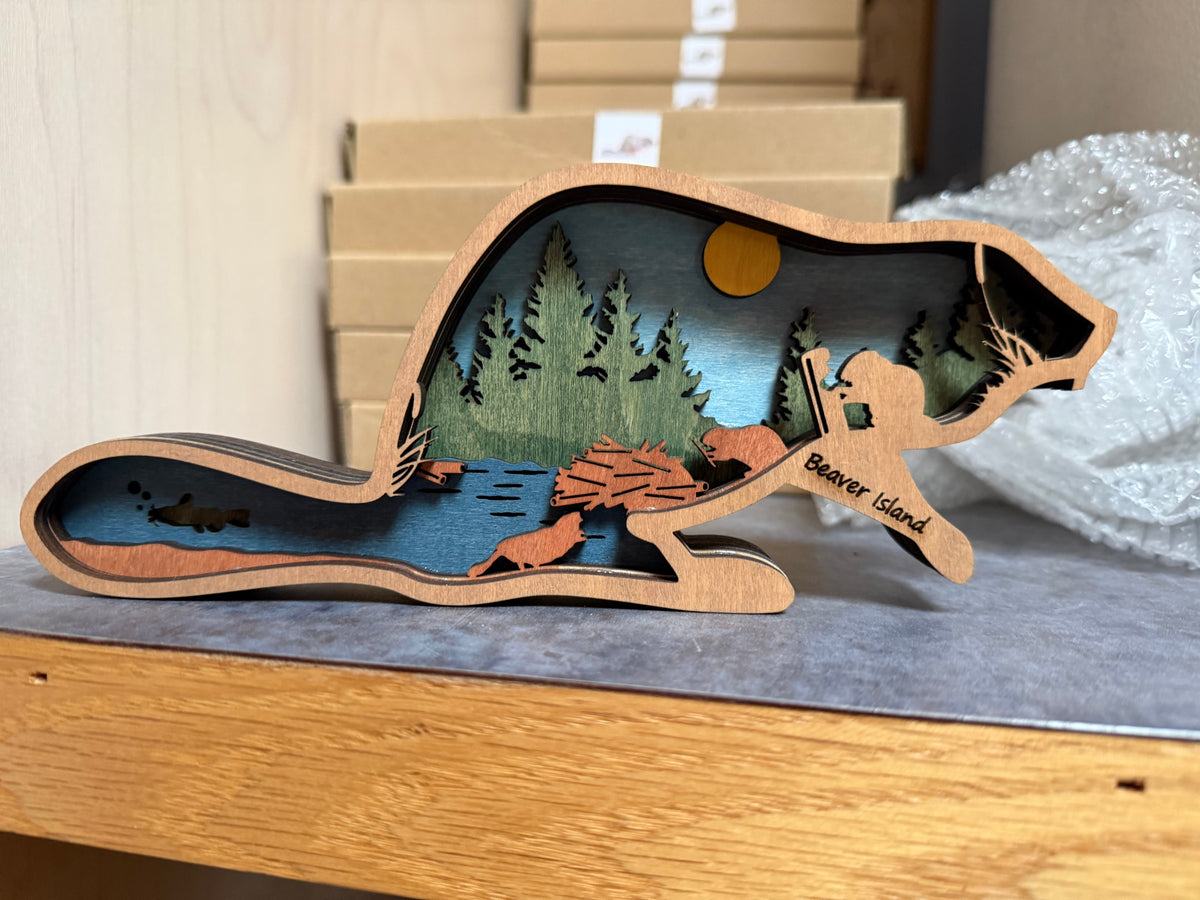 Beaver Island layered wood art side angle view