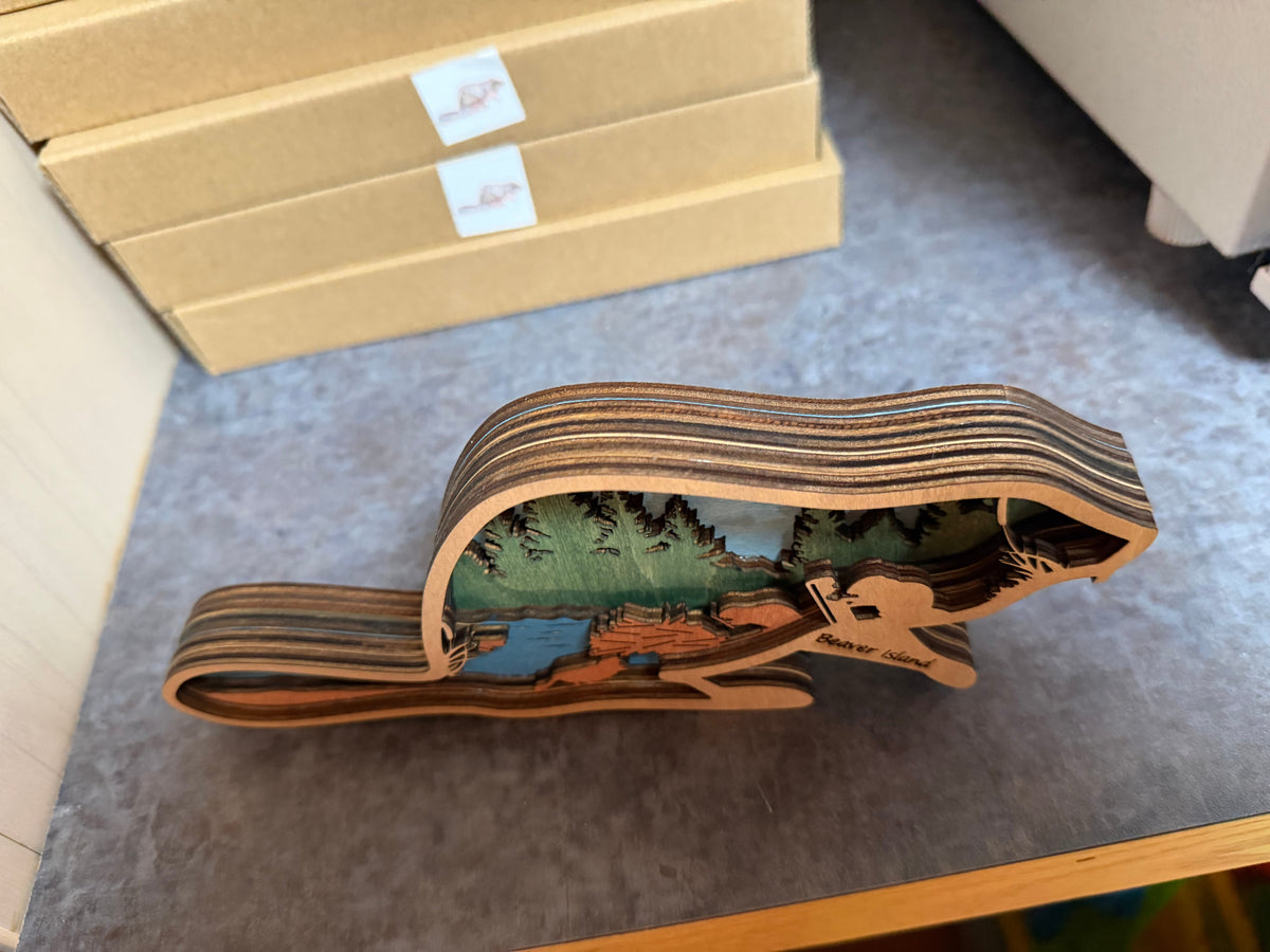 Beaver Island wood art sculpture on shelf with stacked boxes